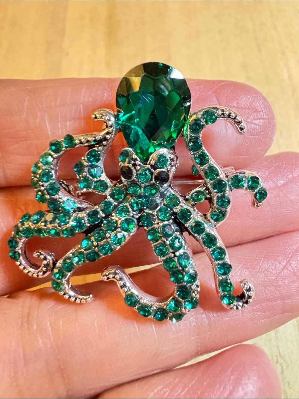 Emerald Octopus Rhinestone Brooch - Picture 3 of 5